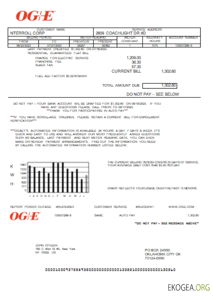 Facture commerciale de service public d'énergie d'Oklahoma OGE SCR